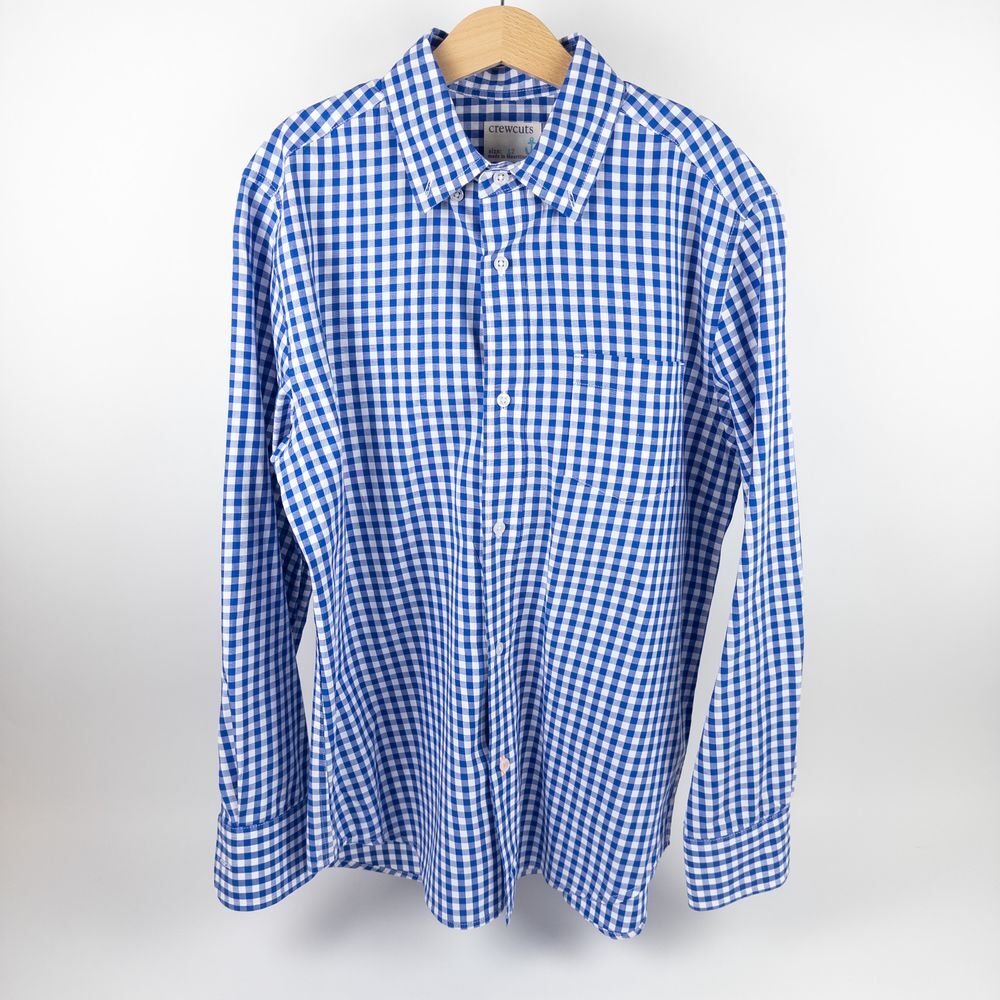 Crewcuts Cotton Poplin Collared Gingham Pocket Button Down Shirt Blue Kids Sz 12